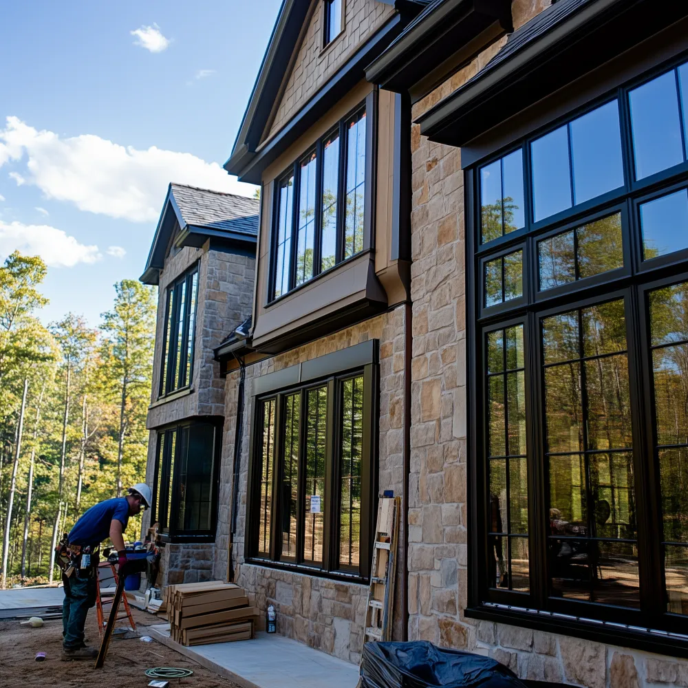 Worker Installing Luxury European Windows Worker Installing Luxury European Windows
